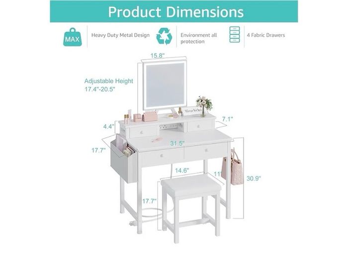 White Makeup Vanity Desk with Mirror and Lights, Vanity Set with Chair, Make Up Dresser Table with Drawers and UK Power Outlet for Girls Bedroom Small Space