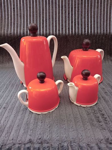 Vintage Art Deco Orange - White Pottery Coffee / Teapot  Set