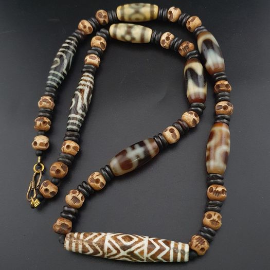 Antique Burmese Pumtek Pyu & Himalayan Tibetan Agate with Skull Shape Beads Necklace