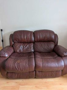 Two seater brown leather recliner and armchair