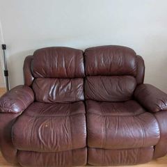 Two seater brown leather recliner and armchair