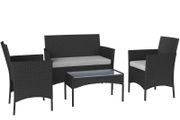 4 Piece Rattan Garden Furniture Sofa Set with Loveseat, Armchairs, Glass-Top Coffee Table and Cushions, Black