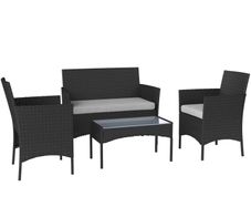 4 Piece Rattan Garden Furniture Sofa Set with Loveseat, Armchairs, Glass-Top Coffee Table and Cushions, Black