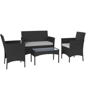 4 Piece Rattan Garden Furniture Sofa Set with Loveseat, Armchairs, Glass-Top Coffee Table and Cushions, Black