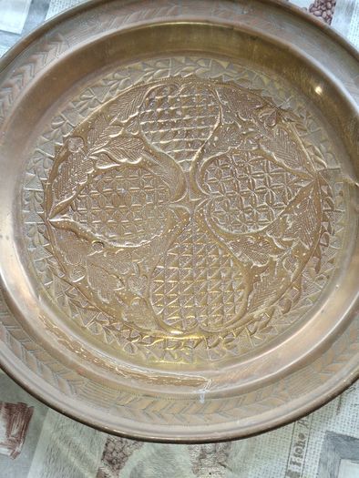 A Decorative Antique Large Hand-Engraved  Moroccan or Middle Eastern Brass Tray