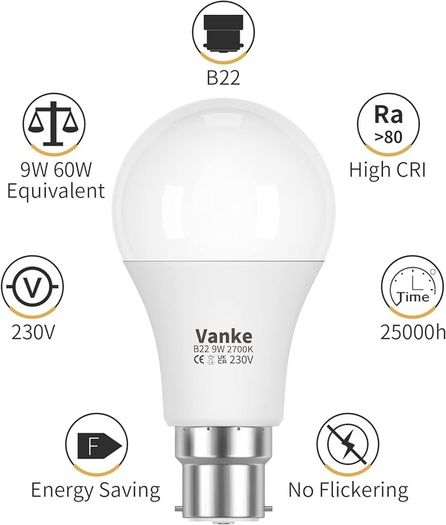 NEW SALE | Bayonet Light Bulb, 9w (60w Equivalent), 2700K Warm White B22 LED Bulbs, 806 Lumen, Non-Dimmable, Pack of 6