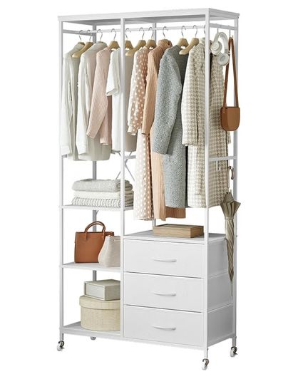 Wardrobe with 3 Drawers White  easy assembly Wood Top Steel Frame Ultimate Storage sturdy Multifunctional System