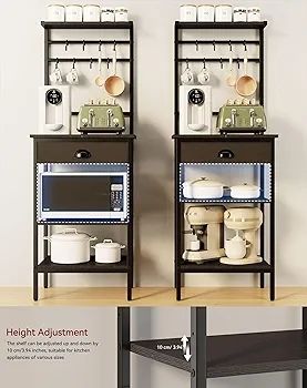 5 Tier Coffee Bar Station, Coffee Stand with Fabric Drawers, 8 S-Shaped Hooks, Corner Bar Cabinet, Height Adjustable, Bakers Rack for Kitchen, Living Room, Black