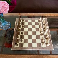 Vintage Style Marquetry Inlaid Folding Wooden Chess Checkers Draughts Pop Board Chess Pieces & Counters