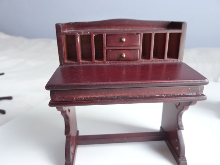 Vintage wood doll's house dining room furniture & tableware