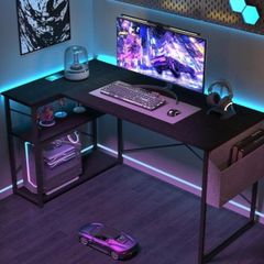 L Shaped Gaming Desk, 100x70 cm Computer Desk with Storage Bag, Office Desk Small Writing Table with Large Reversible Storage Shelves, Workstation for Study Play Work Home Office, Black