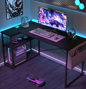 L Shaped Gaming Desk, 100x70 cm Computer Desk with Storage Bag, Office Desk Small Writing Table with Large Reversible Storage Shelves, Workstation for Study Play Work Home Office, Black