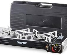 Portable Camping Gas Stove, Double Burner BBQ Cooker, Outdoor Grill Plate Automatic Ignition System, Butane Can - BBQ Caravan Outdoor