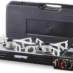 Portable Camping Gas Stove, Double Burner BBQ Cooker, Outdoor Grill Plate Automatic Ignition System, Butane Can - BBQ Caravan Outdoor