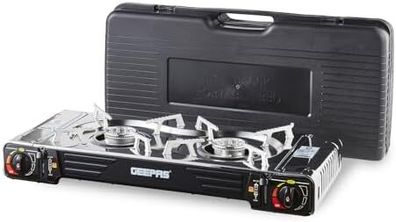 Portable Camping Gas Stove, Double Burner BBQ Cooker, Outdoor Grill Plate Automatic Ignition System, Butane Can - BBQ Caravan Outdoor