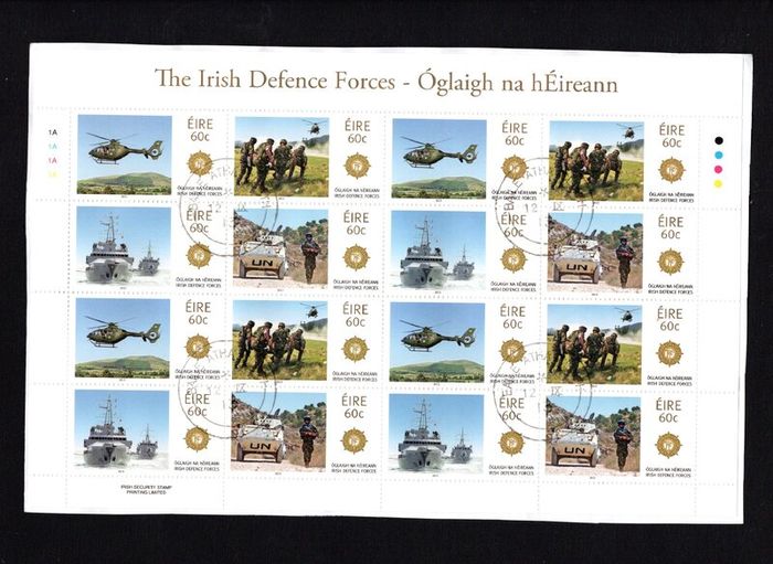 2013 Ireland The Irish Defence Forces (Rescue Team, Helicopter, Armoured Personnel Carrier & Frigate) Commemorative Stamp Sheetlet Plate 1A1A1A1A Fine CDS Used with Dublin cancel of 12th September 2013 (First day of issued) on envelope extract
