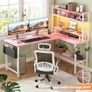 L Shaped Gaming Desk with Power Outlets & LED Lights, Small L- Shaped Computer Corner Desk with Monitor Stand & Storage Shelf, Gaming Table with Storage Bag, Pink Image 5