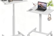 Mobile Standing Desk Pneumatic Adjustable Height Stand Up with Lockable Wheels Ergonomic Side Table for Home Office Work Computer Workstation Typ-T 48 x 65CM White
