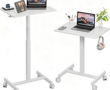 Mobile Standing Desk Pneumatic Adjustable Height Stand Up with Lockable Wheels Ergonomic Side Table for Home Office Work Computer Workstation Typ-T 48 x 65CM White