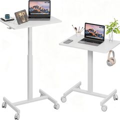 Mobile Standing Desk Pneumatic Adjustable Height Stand Up with Lockable Wheels Ergonomic Side Table for Home Office Work Computer Workstation Typ-T 48 x 65CM White