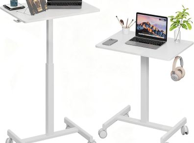 Mobile Standing Desk Pneumatic Adjustable Height Stand Up with Lockable Wheels Ergonomic Side Table for Home Office Work Computer Workstation Typ-T 48 x 65CM White
