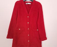 Zara Red Textured Knit Gold Button Longline Cardigan Dress Size S