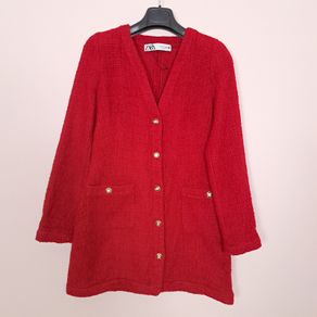 Zara Red Textured Knit Gold Button Longline Cardigan Dress Size S