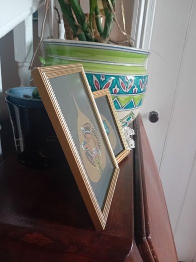 A pair of Vintage handpainted Peepal Leaf Paintings
