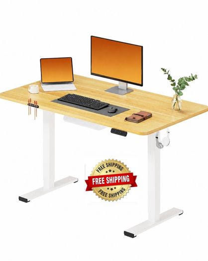 Electric Standing Desk 110x54 One Piece Height Adjustable Desk With Memory Smart Panel Sit Stand Table With Hooks for Home Office, Maple