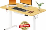 Electric Standing Desk 110x54 One Piece Height Adjustable Desk With Memory Smart Panel Sit Stand Table With Hooks for Home Office, Maple