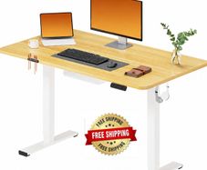 Electric Standing Desk 110x54 One Piece Height Adjustable Desk With Memory Smart Panel Sit Stand Table With Hooks for Home Office, Maple