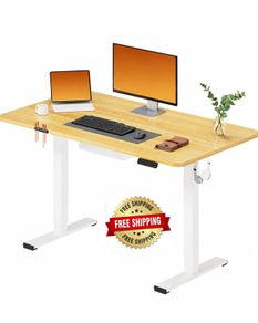 Electric Standing Desk 110x54 One Piece Height Adjustable Desk With Memory Smart Panel Sit Stand Table With Hooks for Home Office, Maple