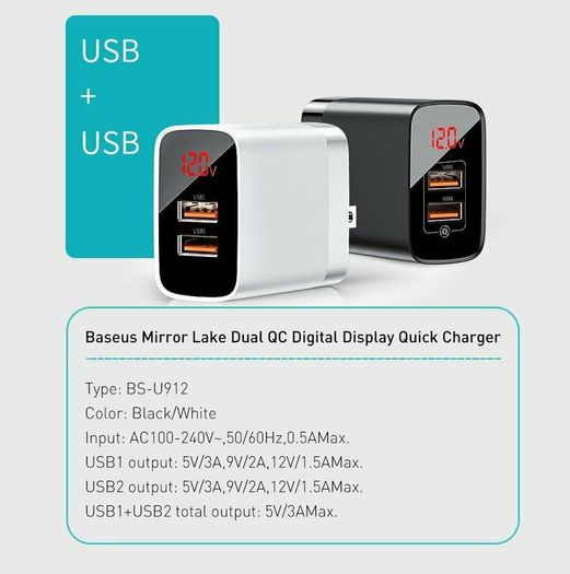 2 X Baseus QC 3.0 Dual USB Ports 18W Fast Wall Charger UK Plug (Brand New/Warranty)