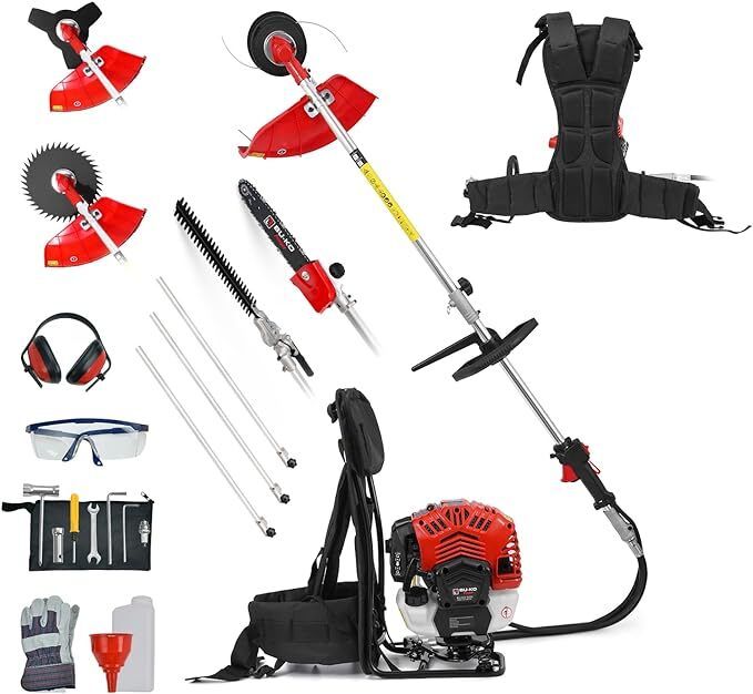 BU-KO 52cc Backpack Long Reach Petrol Multi Functional Garden Tool: Petrol Strimmers and Brush Cutter, Extendable Petrol Hedge Trimmer, Pruner Chainsaw, Petrol Grass Trimmers, 3x 75cm Extension Pole