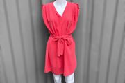 Pre Owned Estee Brown Coral V-Neck Padded Shoulder Mini Dress with Tie Belt