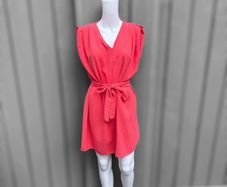 Pre Owned Estee Brown Coral V-Neck Padded Shoulder Mini Dress with Tie Belt