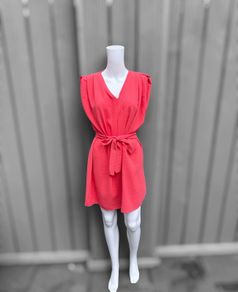 Pre Owned Estee Brown Coral V-Neck Padded Shoulder Mini Dress with Tie Belt