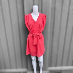 Pre Owned Estee Brown Coral V-Neck Padded Shoulder Mini Dress with Tie Belt