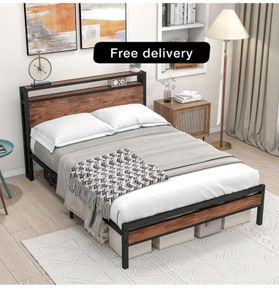 Double Bed Frame with Storage Wooden Headboard