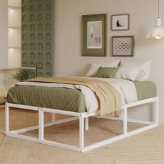 46 cm High Double Bed Frame 135x190 cm, Heavy Duty Metal 4ft6 Double Bed with Sturdy Slats Support, Large Underbed Storage, Noise Free, Easy Assembly, White