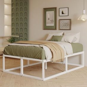 46 cm High Double Bed Frame 135x190 cm, Heavy Duty Metal 4ft6 Double Bed with Sturdy Slats Support, Large Underbed Storage, Noise Free, Easy Assembly, White