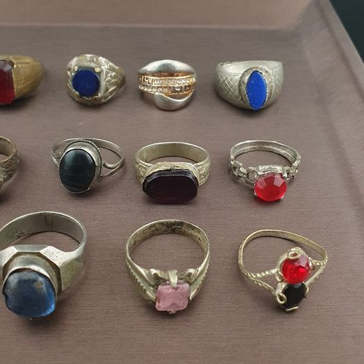 Antique Lot of 15 Handmade Brass Rings Mixed Gemstone & Glass Designs