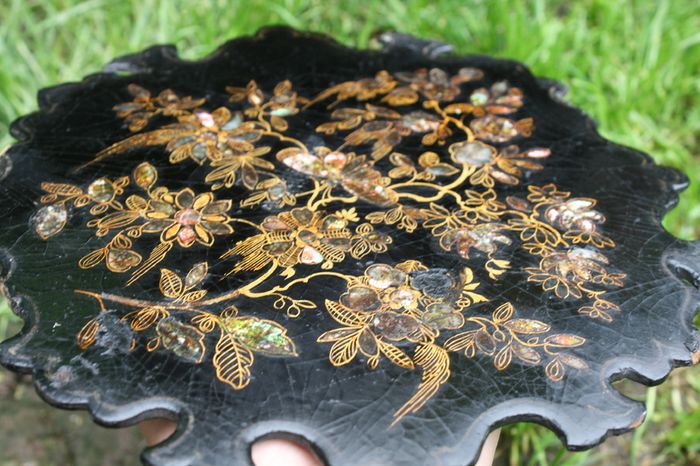 19th Century English Chinoiserie Papier Mache Wine Coaster Tray and Mid 19th Century English Victorian Period Papier Mache Tray with Mother-of-Pearl