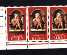 1975 Ireland 7p Christmas Commemorative Stamp error Accent on "E" of Eire on Row 10 Column 3 Mint Never Hinged Block of 3