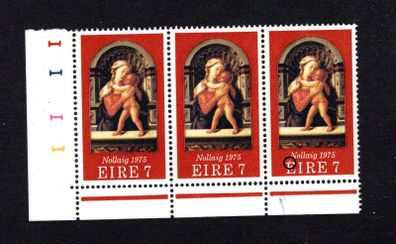 1975 Ireland 7p Christmas Commemorative Stamp error Accent on "E" of Eire on Row 10 Column 3 Mint Never Hinged Block of 3