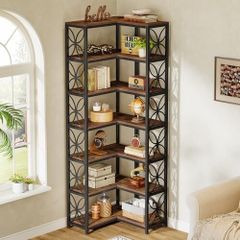 7 Tier L Shaped Corner Bookcase Freestanding Rustic Brown & Black