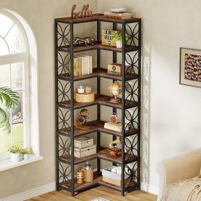 7 Tier L Shaped Corner Bookcase Freestanding Rustic Brown & Black