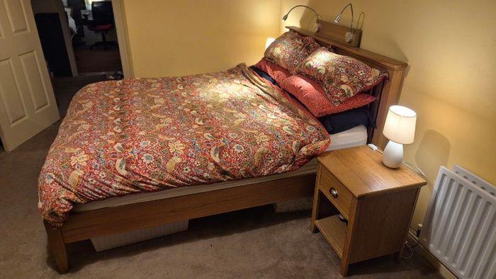 Solid oak double bed frame with matching bedside lockers