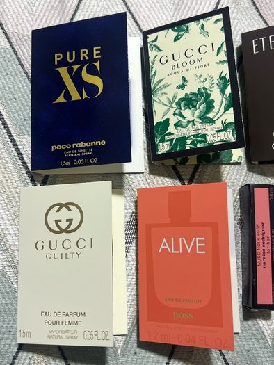 Selection of luxury perfume samples, paco rabanne pure XS, Gucci guilty, Gucci bloom, Calvin Klein eternity, boss alive, narciso Rodriguez new