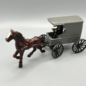 Vintage Cast Iron Metal Amish Driver on Horse Drawn Carriage Buggy Wagon